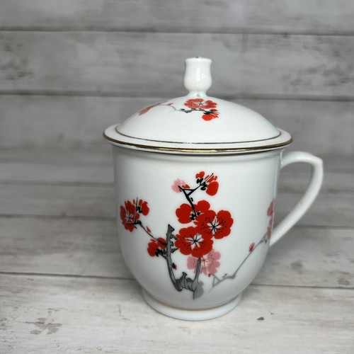 Vintage Tea Cup With Gold Rimmed Lid Porcelain Cherry Blossom Used