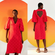 Farm Rio Red Heart Back Detailed Midi Dress 3D Hearts Heart Cut-Out Medium NWT