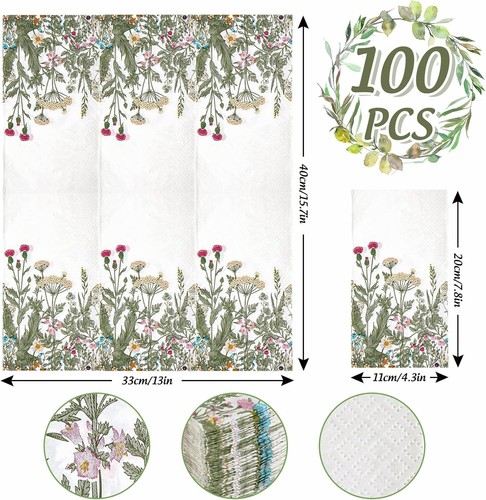 100Pcs Floral Guest Napkins Wildflower Disposable Paper Napkins Botanical Gre... - Picture 3 of 3