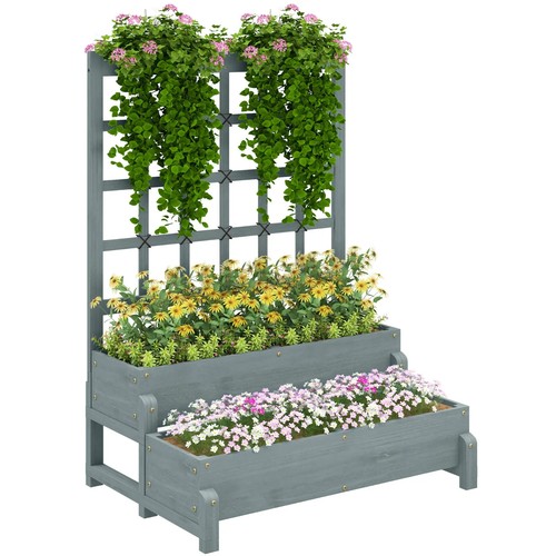 2 Tier Raised Garden Bed, Trellis Wooden Planter Box Outdoor Raised w/ Drainage - Picture 14 of 14