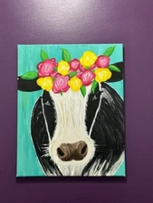 In the Moooood For Spring Acrylic Painting Cow and Spring Flowers