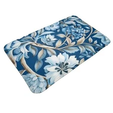 Flannel Bath Mat - Non-Slip Quick-Dry Bathroom Rug with Stylish Blue Flowers
