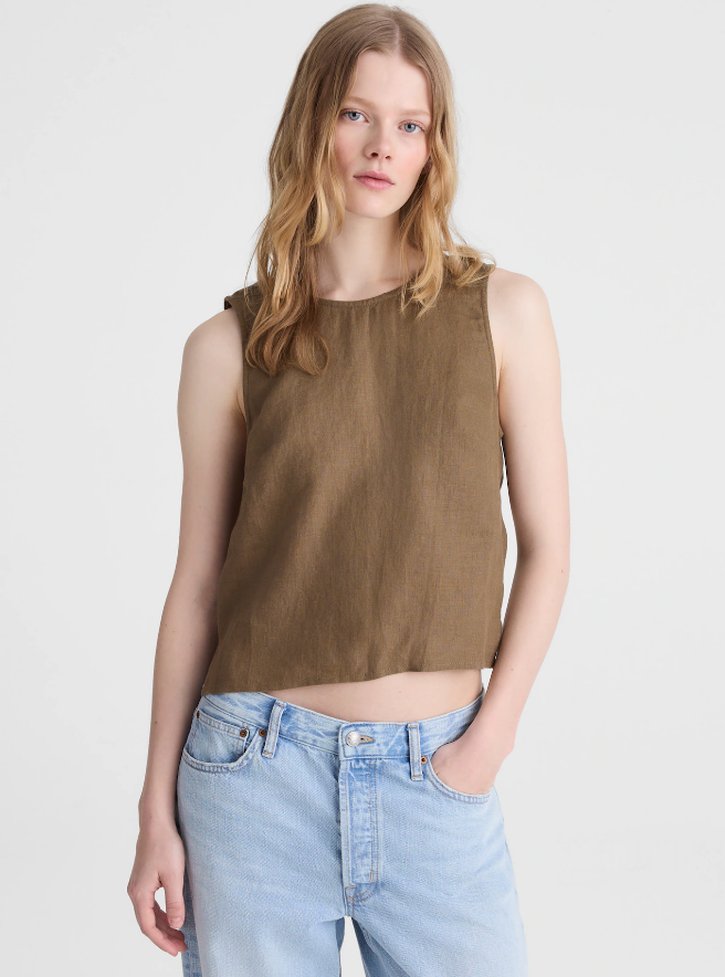 Madewell Tie-Back Shell Top in 100% Linen, Safari Khaki