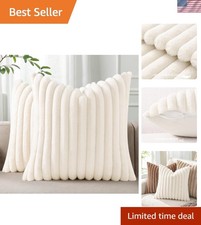 Luxury Faux Fur Pillow Covers 18x18 Set of 2 - Cream White Striped Decor
