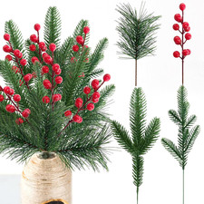 24 Pcs Christmas Artificial Pine Picks and Red Berry Stems, 10.5 Inch Greenery P