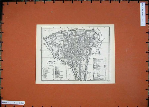 Original Old Antique Print Colour Map Italy 1886 Street Plan Padova Giovanni