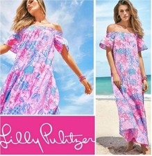 Lilly Pulitzer Dezi Dress Off Shoulder Maxi Pink Isle Snappy Turtle NWT Sz Small