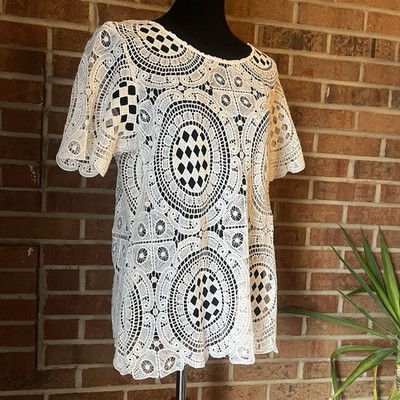 Valerie Stevens Women M Crochet Lace Top Short Sleeve Ivory Boho-Chic Peasant