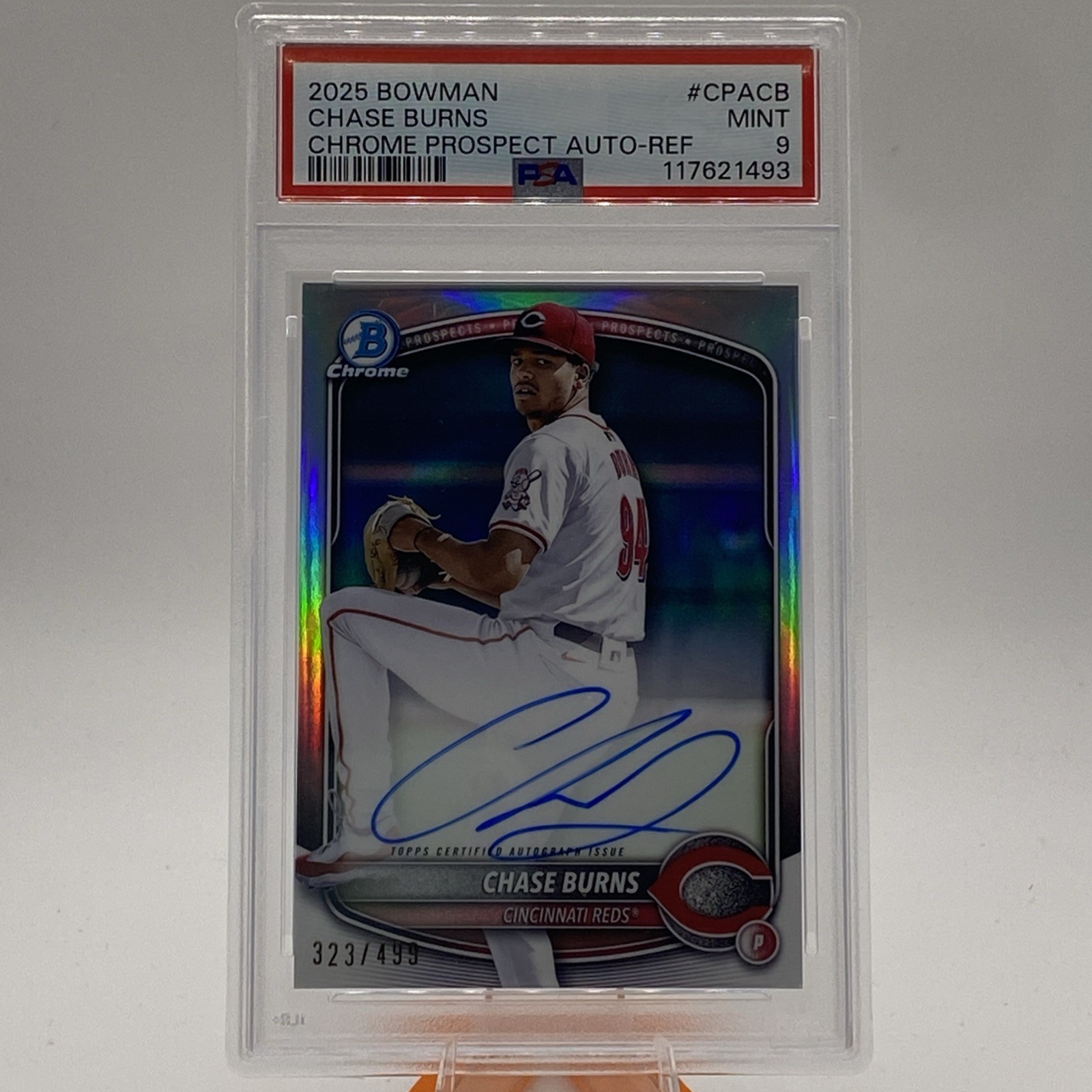 2025 Bowman Chrome Chase Burns Refractor Auto /499 CPACB Reds PSA 9