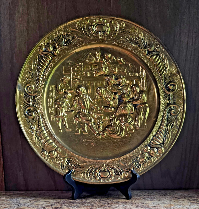 Vintage Brass Wall Plate With an Embossed Tavern Scene, Stamped Brass Relief