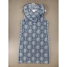 Gretchen Scott Tunic Dress Women L Navy Blue Medallion Ruffle Collar Shift NEW
