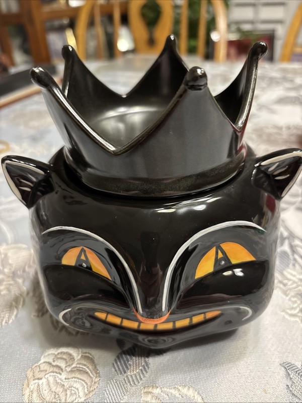 RARE Halloween Johanna Parker Black Cat W/Crown Candy Jar