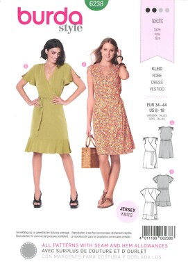 Burda 6238 Wrap Dress w Shoulder Drawstrings, Hem Flounce Sz 8-18 UNCUT Pattern