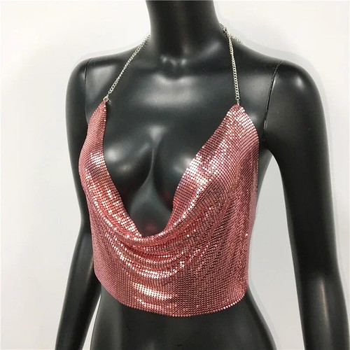 Metall Pailletten Neckholder Damen sexy V-Ausschnitt rückenlose Kette Tauchtank Weste kurzes Oberteil - Bild 20 von 27