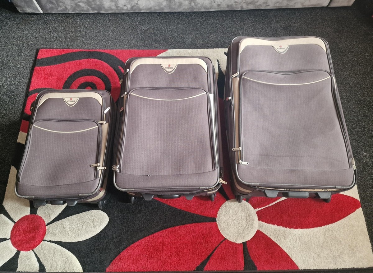 CITIES BROWN PIECE SOFT SHELL WHEEL SUITCASE LUGGAGE SET UK