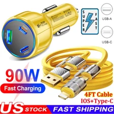 90W Fast Car Charger 3-Port Adapter&Cable For iPhone 17 16 15 14 13 12 X Pro Max