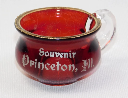 Antique Ruby Stained Souvenir Glass Mini Mug Princeton Illinois Toothpick Holder