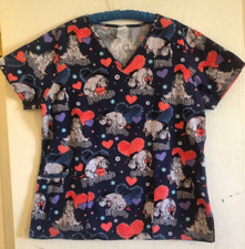 Disney Medical Scrub Top Size Medium Eeyore Black Red Purple VNeck 3 Pockets