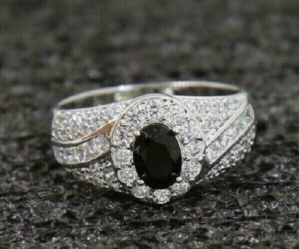 Oval Cut Simulated Black Diamond Pretty Engagement Ring In 14k White Gold Plated