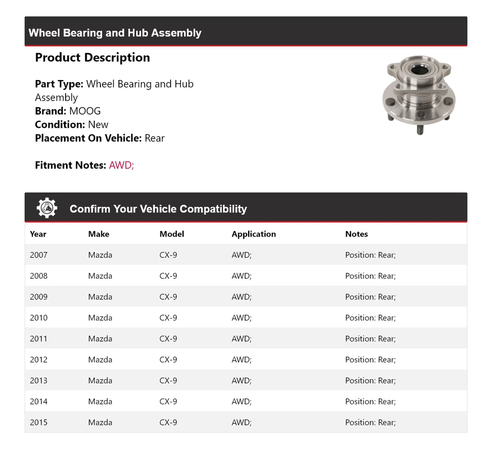 Подшипник колеса и ступица в сборе задние для Mazda CX-9 AWD 2007-2015 MOOG 2007 2008 - Изображение 2 из 4