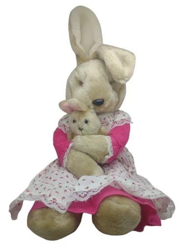 Vtg Country Bunny Rabbit Plush Mommy And Me Baby 17" 1986 Cottagecore Toy