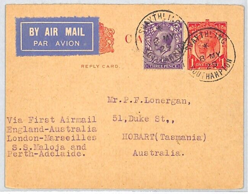 GB PIONEER *AUSTRALIA* AIR MAIL Postcard 1929 FIRST FLIGHT KGV Southampton PG217 - Picture 2 of 12