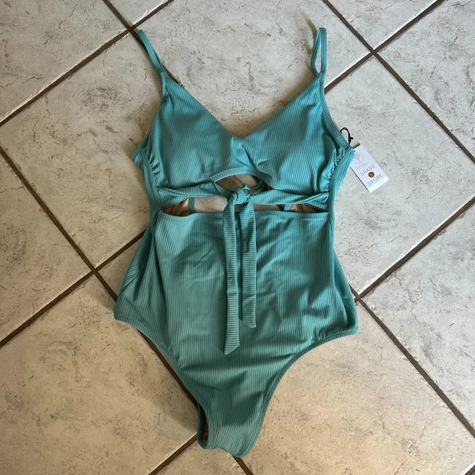 Traje de baño Shade & Shore mujer L 12/14 verde azulado acanalado corbata delantera nuevo con etiquetas Foto 2 de 4