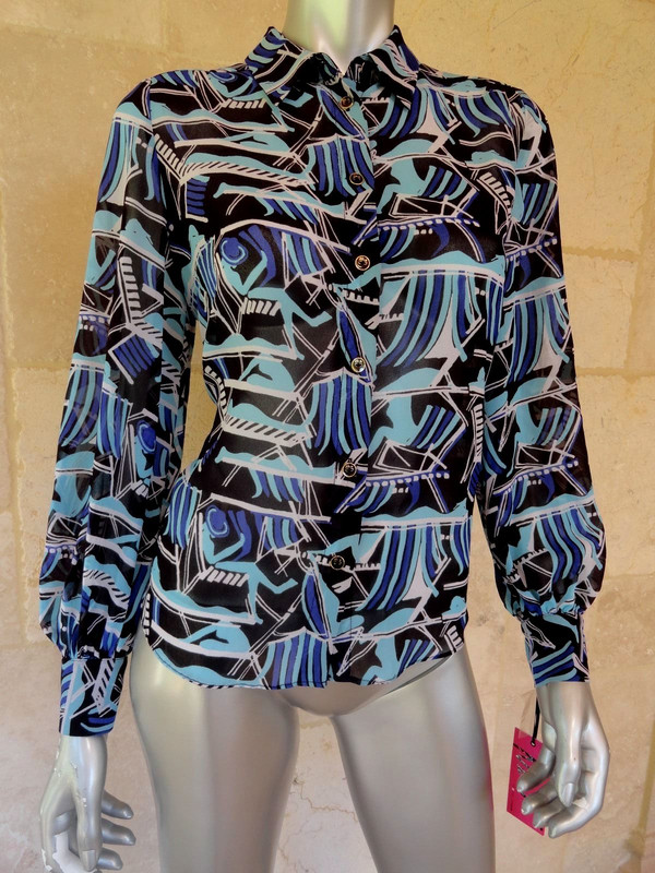 Neon Blue Georgette Pattern Long Sleeves Button Down Top Shirt Blouse Sz S NWT