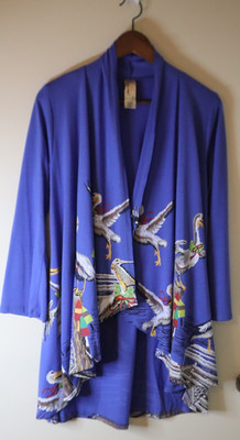A Walk in the Park Cardigan Women s Small Blue Pelican Bird Print Drapey Open