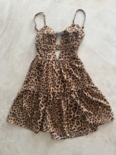 Womens Brown Black Leopard Print V-Neck Spaghetti Strap Cutout Mini Dress S