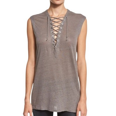 Iro Handrea Tissa Laced Linen Jersey Top Stone Gray Sleeveless Size Small