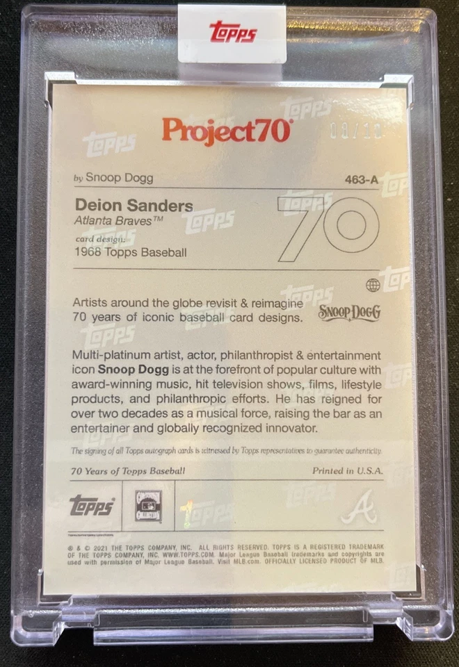 Tarjeta Topps Project 70 Deion Sanders Auto 8/10 Arte por Snoop Dogg #463-A Foto 2 de 3