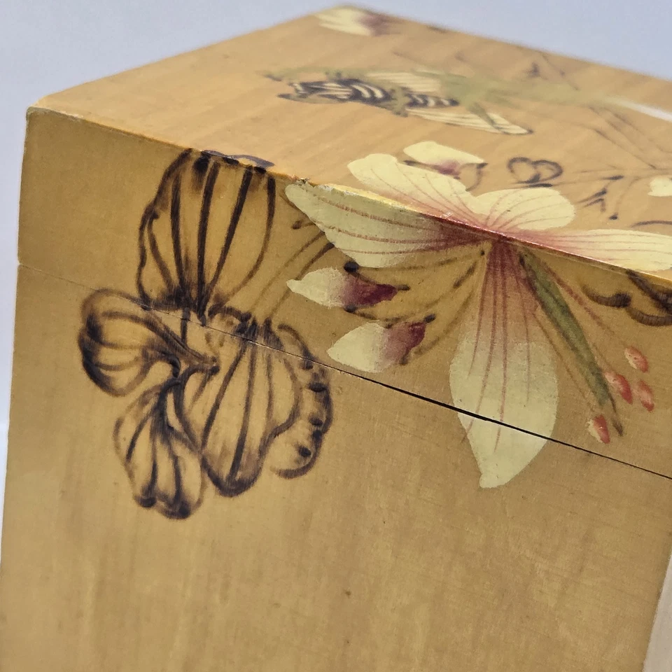 CAJA LACADA CHAPADA BAMBÚ CUADRADA CHINA VINTAGE CADDY ROSA PINTADA A MANO Foto 3 de 4