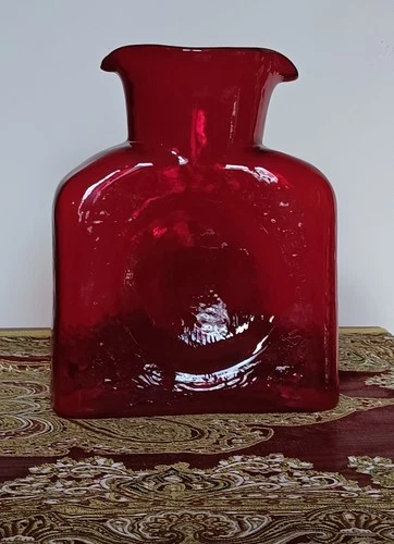 Blenko Ruby Red Hand Blown Glass Art  Water Bottle Pitcher Signed 384 Made USA