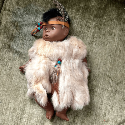 Native American Baby Boy Doll w Authentic Fur & Feathers, Mohawk, Soft Body
