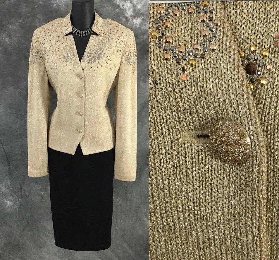 Ensemble Jupe-Veste St. John Knits – Or Rose & Blanc – Paillettes – Taille 10
