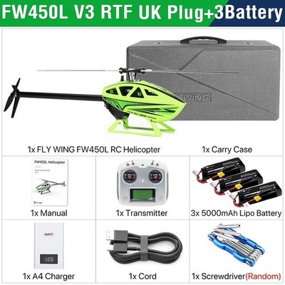 FlyWing FW450L V3 RC Hubschrauber, 10-Kanal GPS ACE Flugsteuerung, 3 Akkus, Grün