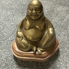 Brass Budda On Wooden Stand Vintage