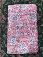 Coral Pink Kantha Quilt | Handmade Floral Cotton Bedspread | Boho Twin Queen