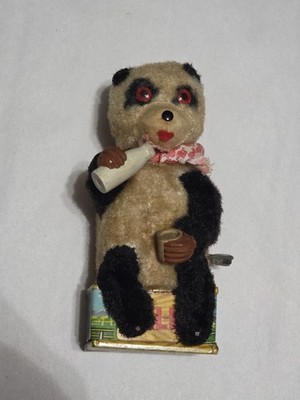 Vtg Alps Wind Up Mechanical Milk Drinking Thirsty Panda Bear Tin Farm 1950s Work