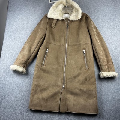 Zara Woman Coat Womens Large Brown Faux Suede Sherpa Lined Aviator Collar Zip