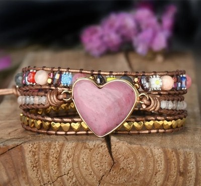 Boho Rhodonite Stone Rose Heart Beaded 3 Layer Wrap Bracelet Adjustable Button 