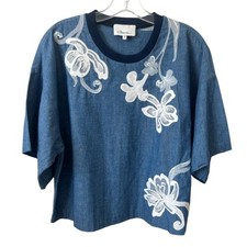 3.1 Philip Lim Blue Floral Silk Trimmed Chambray Embroidered Boxy Top Size 8