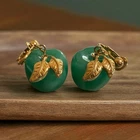 Vintage Green Apple Clip On Earrings Gold Tone Leaves Fruit Costume Jewelry