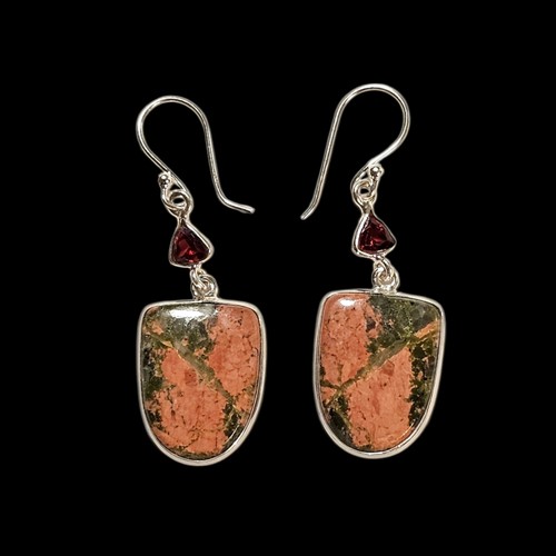Vintage Artisan Unakite Garnet Stone Sterling Silver Dangle Earrings