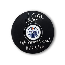 Vasily Podkolzin Autographed Edmonton Oilers Hockey Puck Inscribed Oilers Goal