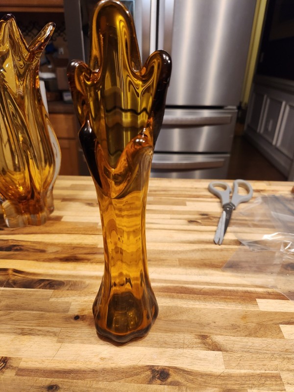Vintage MCM Hand Blown 5 Finger Swung Vase Rootbeer Amber Color 10 3/4"