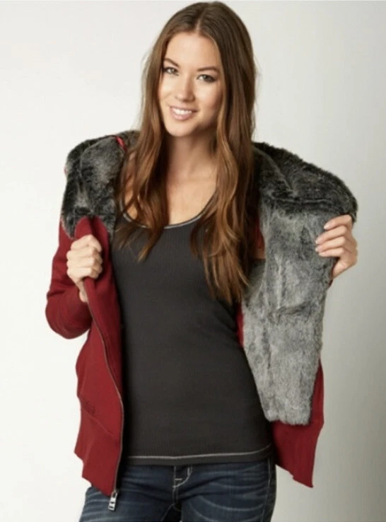 Fox Racing Womens Sasquatch Hoodie Wine Burgundy Faux Fur XS Full Zip up  u0026amp; Snap | eBay