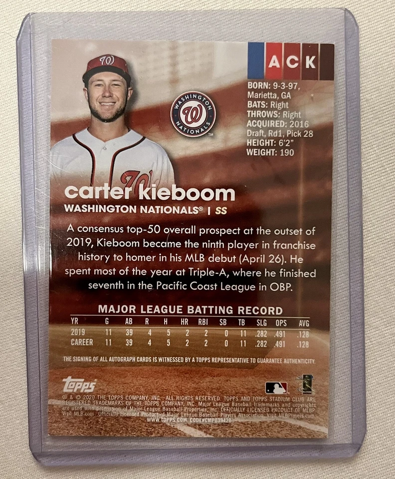2020 Stadium Club Carter Kieboom Autograph Auto #ACK National - Image 2 of 2