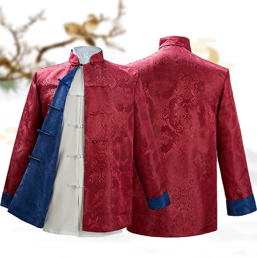 Abbigliamento Tradizionale Cinese Reversibile Uomo Tuta Tang Top Stampa Seta Giacca Cappotto - Foto 17 di 30